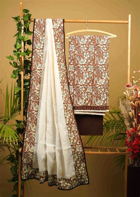Natural Floral Printed Coffee Brown Cotton Suit Set with Chanderi Dupa ...