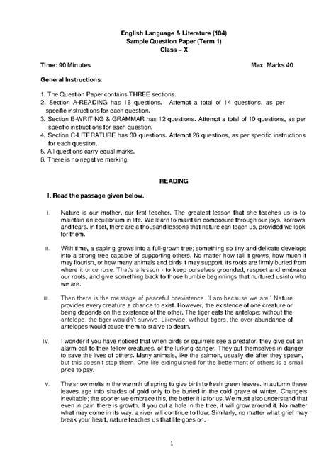 English Language & Literature Term 1 Sample QP for Class X (184) - Studocu