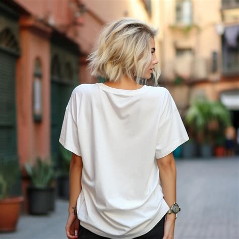 Girl model wearing blank white oversize t shirt la street back view ...