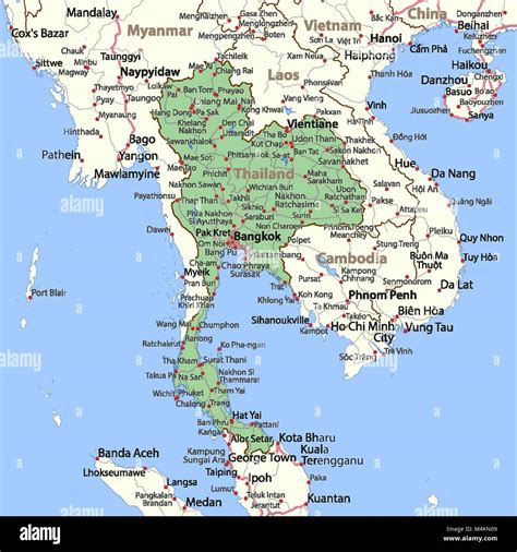 Map of Thailand. Shows country borders, urban areas, place names and roads. Labels in English ...