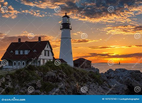 Portland Lighthouse at Sunrise, Maine, USA. Stock Image - Image of ...