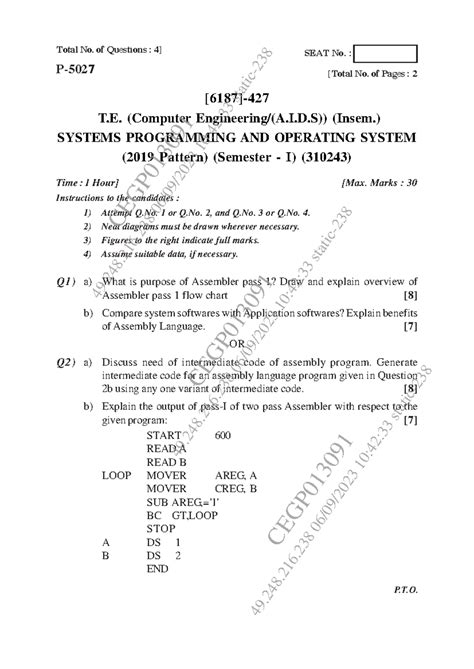 T.E. (Computer) Insem Exam: Systems Programming & OS (310243) - Studocu