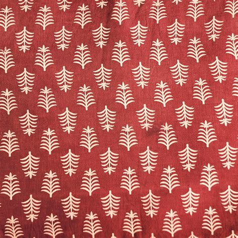 Pure Cotton Vegetable Dyed Rust Red With Cream Grass Motif Hand Block ...