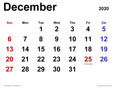 December 2020 Calendar | Templates for PDF, Excel and Word