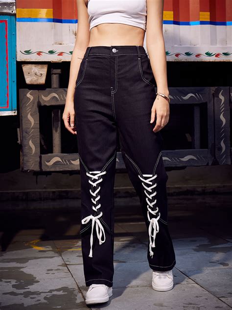 Athena Women Black Mid-Rise Clean Look Dark Shade Lace up Jeans ...