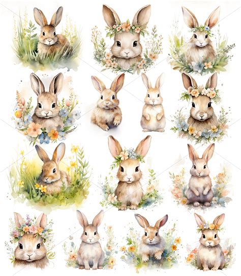 Boho Watercolor Bunny Clipart, Spring Bunnies With Flowers Clipart ...