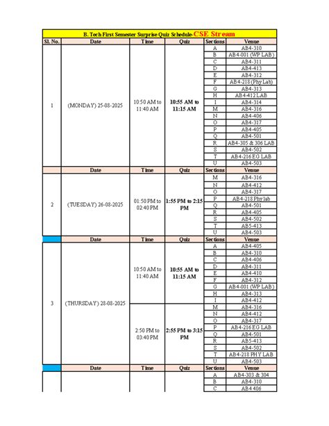 B. Tech 1st Sem Surprise Quiz Schedule (CSE) - Studocu
