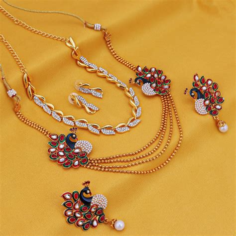 Sukkhi Sublime 4 String Peacock Gold Plated AD Necklace Set Combo For ...