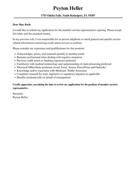 Member Services Representative Cover Letter | Velvet Jobs