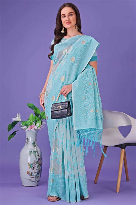 Sky Blue Floral Pattern Woven Saree in a Soft Cotton Blend with Tassel