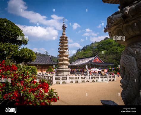 View of the famous stone pagoda at Weoljeongsa temple in South Korea ...