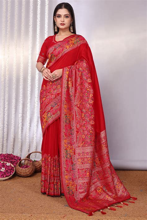 Dazzling Red Pashmina Saree With Fugacious Blouse Piece – LajreeDesigner