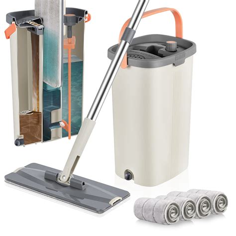 Flat Mop and Bucket with Wringer Set,Separates Dirty and Clean Water,3 ...
