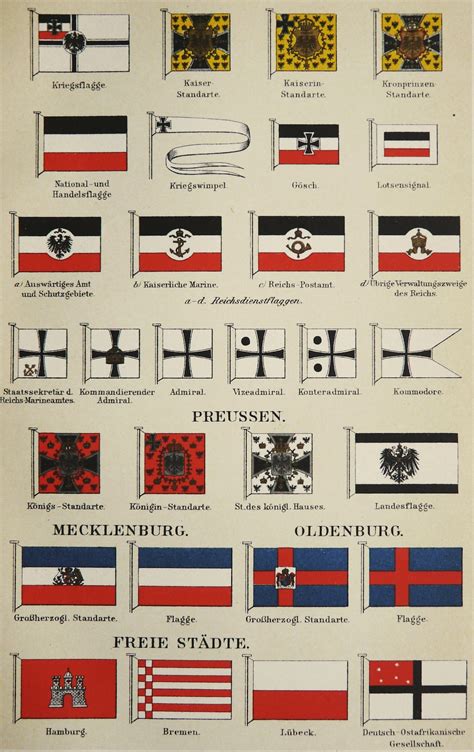 1897 Antique Lithograph of GERMAN HISTORIC FLAGS. Flags of German Empire. Germany. Militaria ...