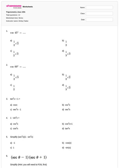 50+ Trigonometry worksheets for Class 10 on Wayground | Free & Printable