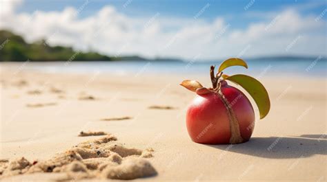 Premium Photo | Tropical Symbolism A Red Apple On A Sandy Beach