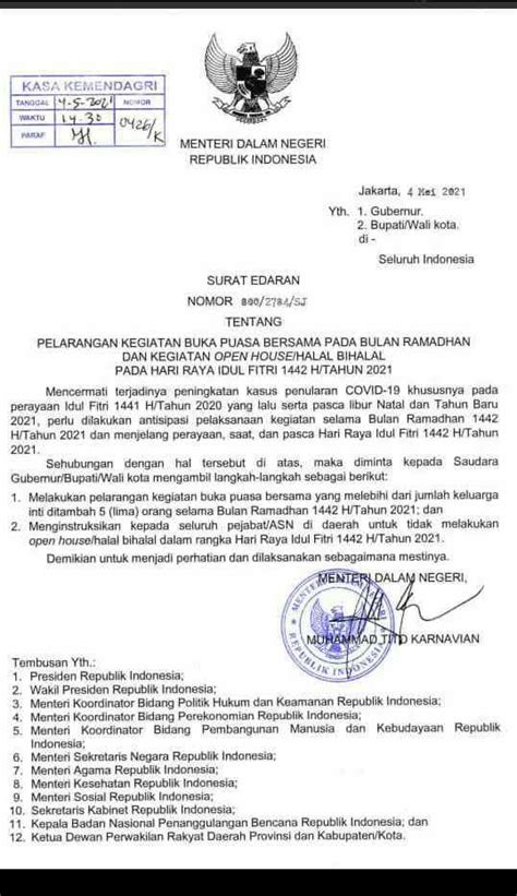 Menteri Dalam Negeri Keluarkan Surat Edaran Larangan Buka Puasa Bersama ...