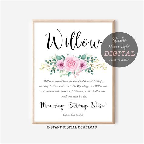 Willow Name Meaning Pink Floral Digital Print , Instant Download, Girls ...