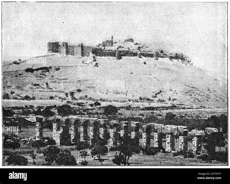 The ancient Greek city of Ephesus, aqueduct and citadel. Illustration ...