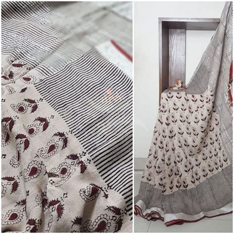 Bagalpuri Handblock bagru printed linen cotton saree – Nivi- Weaving ...