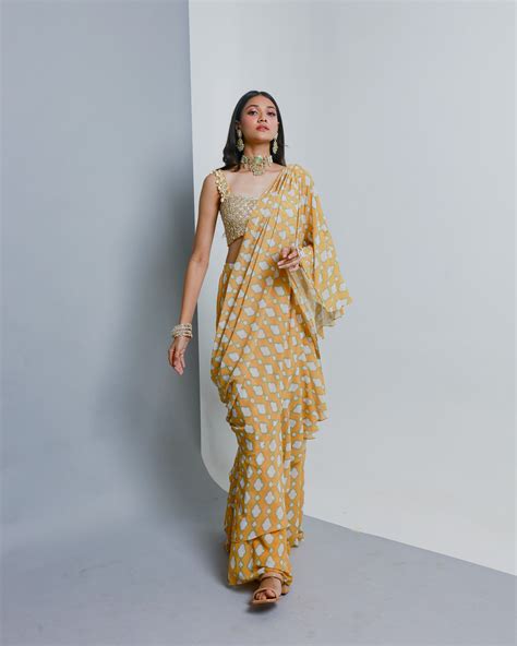 Yellow Poly Georgette Geometric Printed Pre-Stitched Pant Saree Set ...