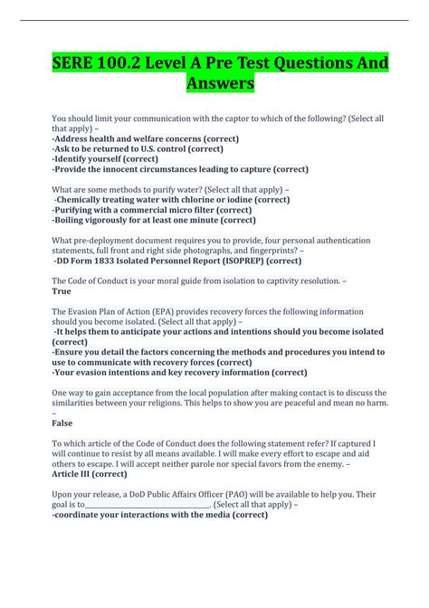 SERE 100.2 Level A Pre Test Questions And Answers 2022/2023 - SERE 100 ...