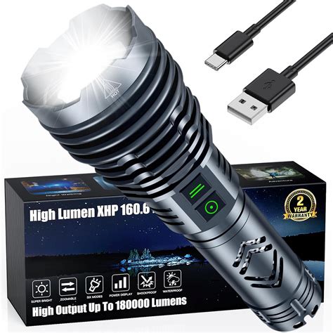 Rechargeable Flashlights 180000 High Lumens,XHP160.6 Super Bright LED ...