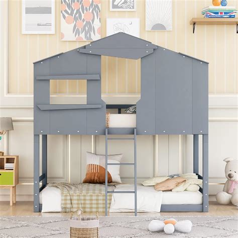 Buy House Bunk Bed Twin Over Twin, Wood Floor Bunk Bed can be Converted ...