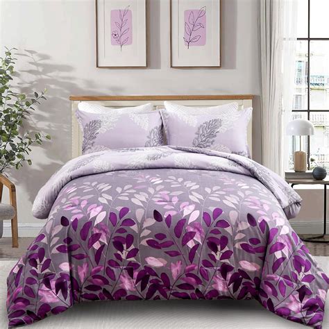 Amazon.com: DJY Purple Comforter Set King, Botanical Leaves Comforter ...