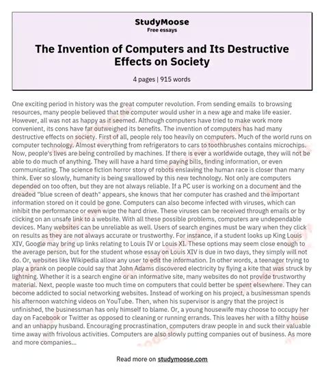 The Invention of Computers and Its Destructive Effects on Society Free Essay Example
