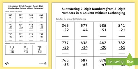Subtracting 2-Digit Numbers from 3-Digit Numbers Worksheet