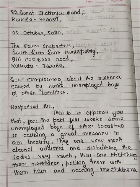 Write a letter to the Inspector of Police in your town, complaining ...