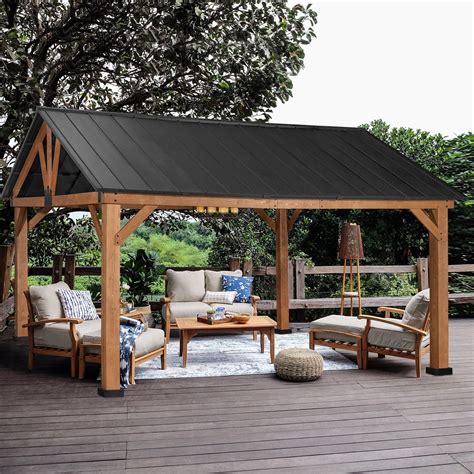 MeetLeisure 15 ft. W x 13 ft. Cedar Solid Wood Patio Gazebo; Gray ...