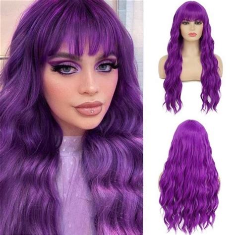 WOMENS Long Curly Wavy Wig Purple | Wigs with bangs, Purple wig, Bride ...