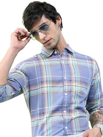 Highlander Men's Checkered Slim Fit Shirt (HLSH014395_Lavender : Amazon ...