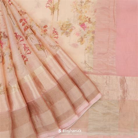 Pastel Pink Printed Maheshwari Saree With Floral Pattern | Singhania's