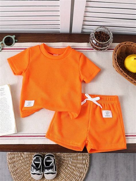 SHEIN Baby Boys Summer Orange Solid Color Round Neck Short Sleeve Top ...