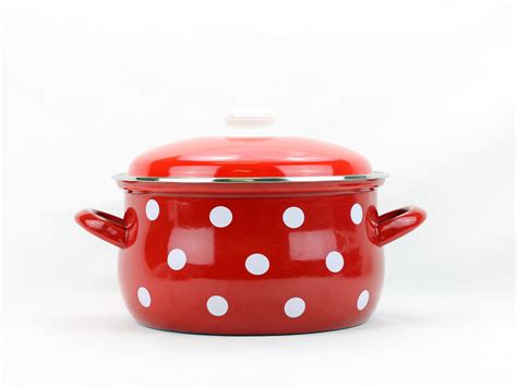 Vintage Enamel Cooking Pot , Red Kitchenware With Dots Enamel Saucepan ...