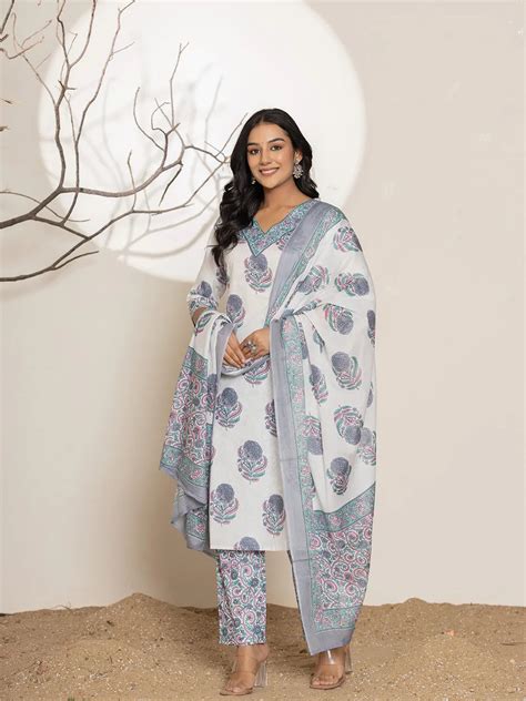 Blue & White Floral Print Cotton Straight Kurta Dupatta Set – Yufta Store