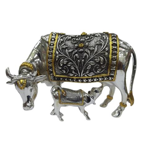 92.5 Pure Silver Kamdhenu Cow Calf Idol For Housewarming Gift - Silver ...
