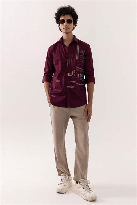 ABRIDGE — Red Wine Cotton Vibrant Abstract Hand Embroidered Shirt ...