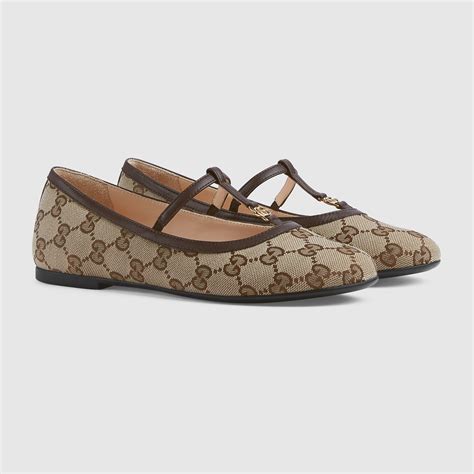 Teen Double G ballet flat in beige and ebony GG canvas | GUCCI® US