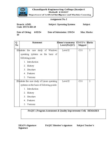 Assignment 1 -I Branch: AIML Subject: Operating Systems Subject Code ...