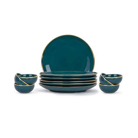 Shay Ceramic Solid Dinner Set, 12 Pcs, Teal Gold |Goldline Series ...