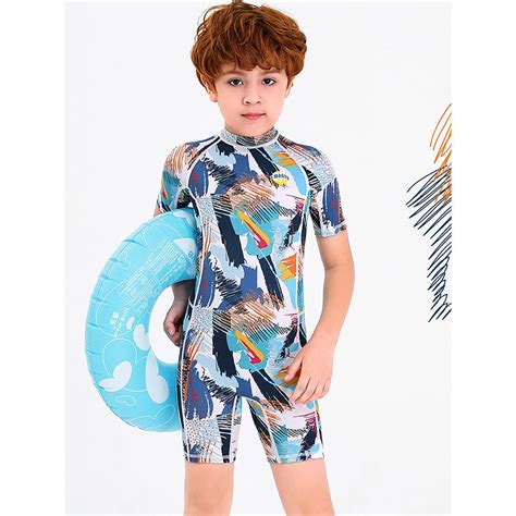 One piece Knee Length Kids Swimwear Geometric print, UPF 50+ with Cap ...