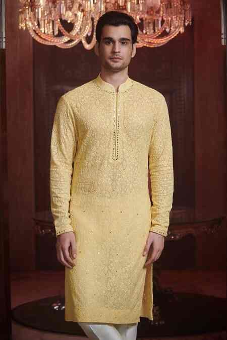 Buy Yellow Georgette And Raw Silk Embroidery Sequin Chikankari Kurta ...