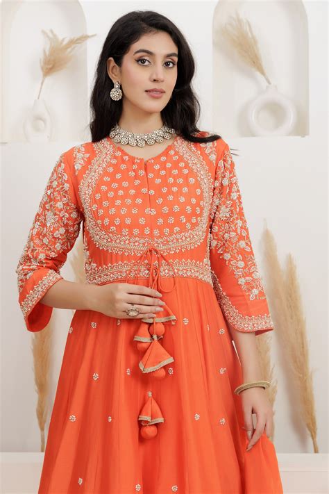 Rust Dupion Silk Embroidered Anarkali Suit with Dupatta.