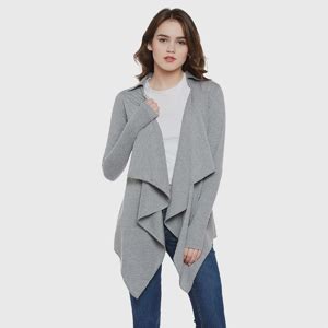 HYPERNATION Grey Color Cotton Blend Shawl Collar Waterfall Shrug for ...