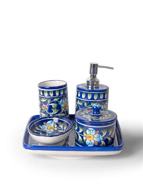 Blue Pottery Bathroom Set of 5 pieces – NEERJA INTERNATIONAL INC