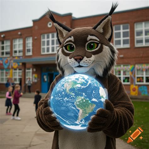 Lynx mascot holding planet Earth with school background on Craiyon